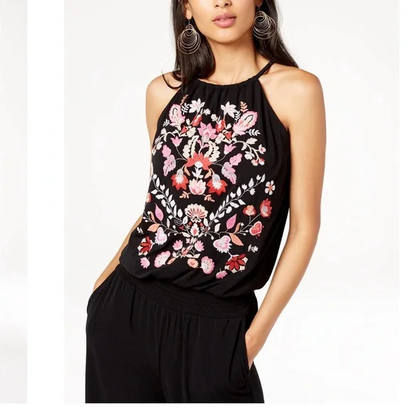 INC Black Sleeveless Embroidered Floral Jumpsuit - Picture 3 of 15